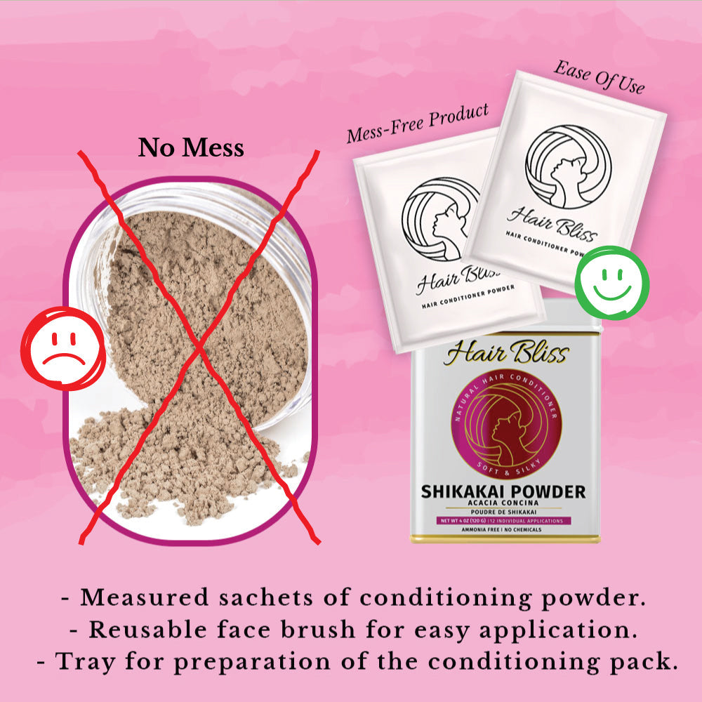 Hair Bliss- Natural Shikakai Acacia Herbal Hair & Skin Conditioning Powder- 12 Individual Sachets (10 gm each)- Reusable Brush & Tray Included-4