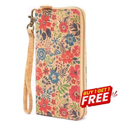 BUY 1 GET 1 FREE: Natural cork with flower pattern zipper women wallet BAG-324-Q novo-0